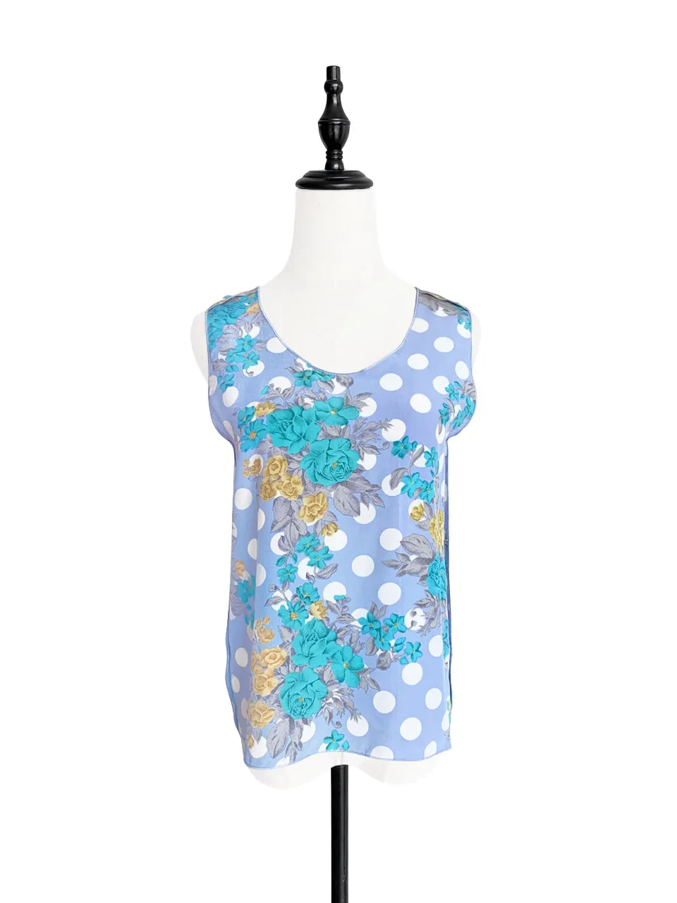 SPECIAL! Polka Dots Floral Print Trim Edge Silk Tank