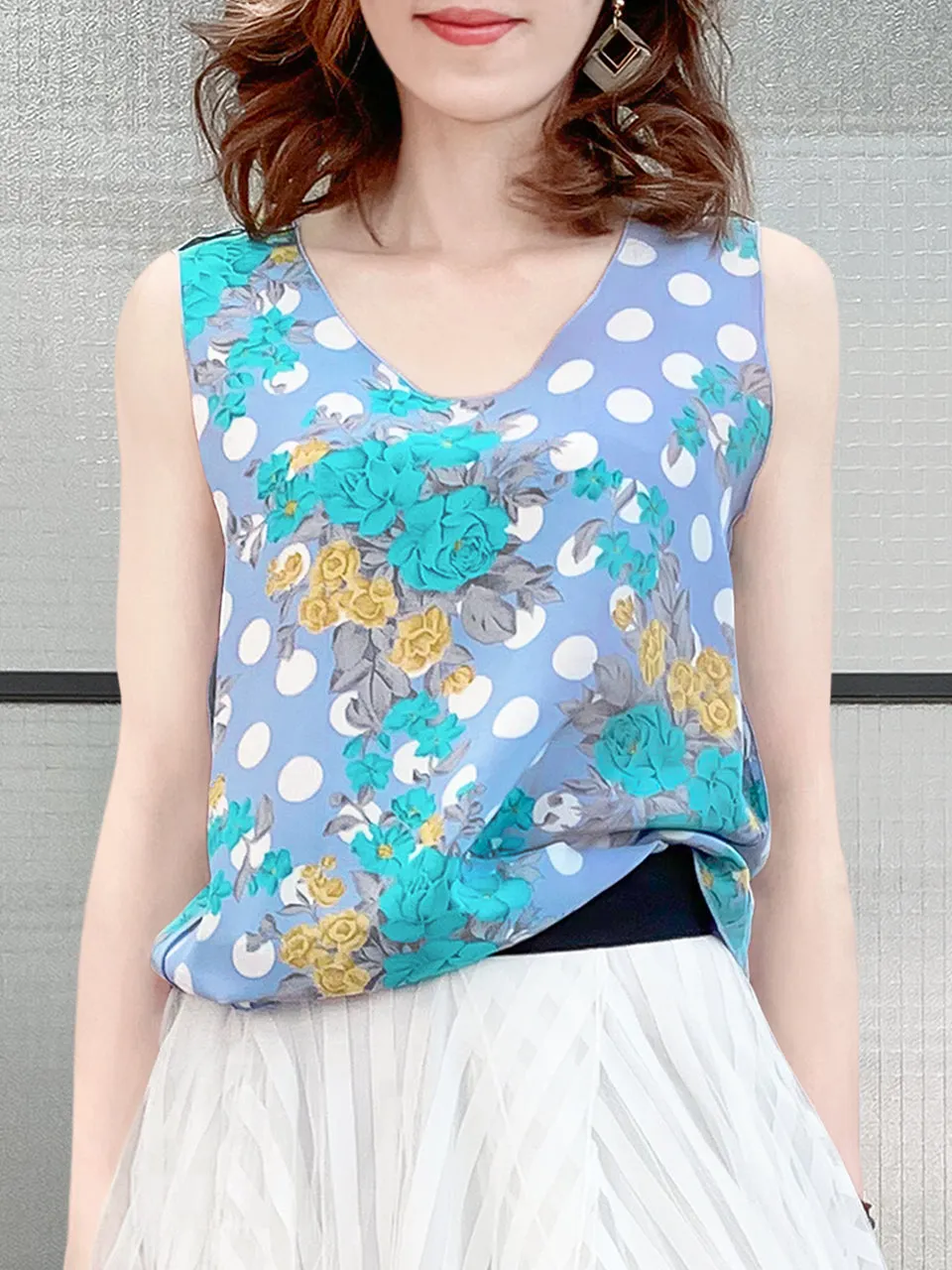 SPECIAL! Polka Dots Floral Print Trim Edge Silk Tank