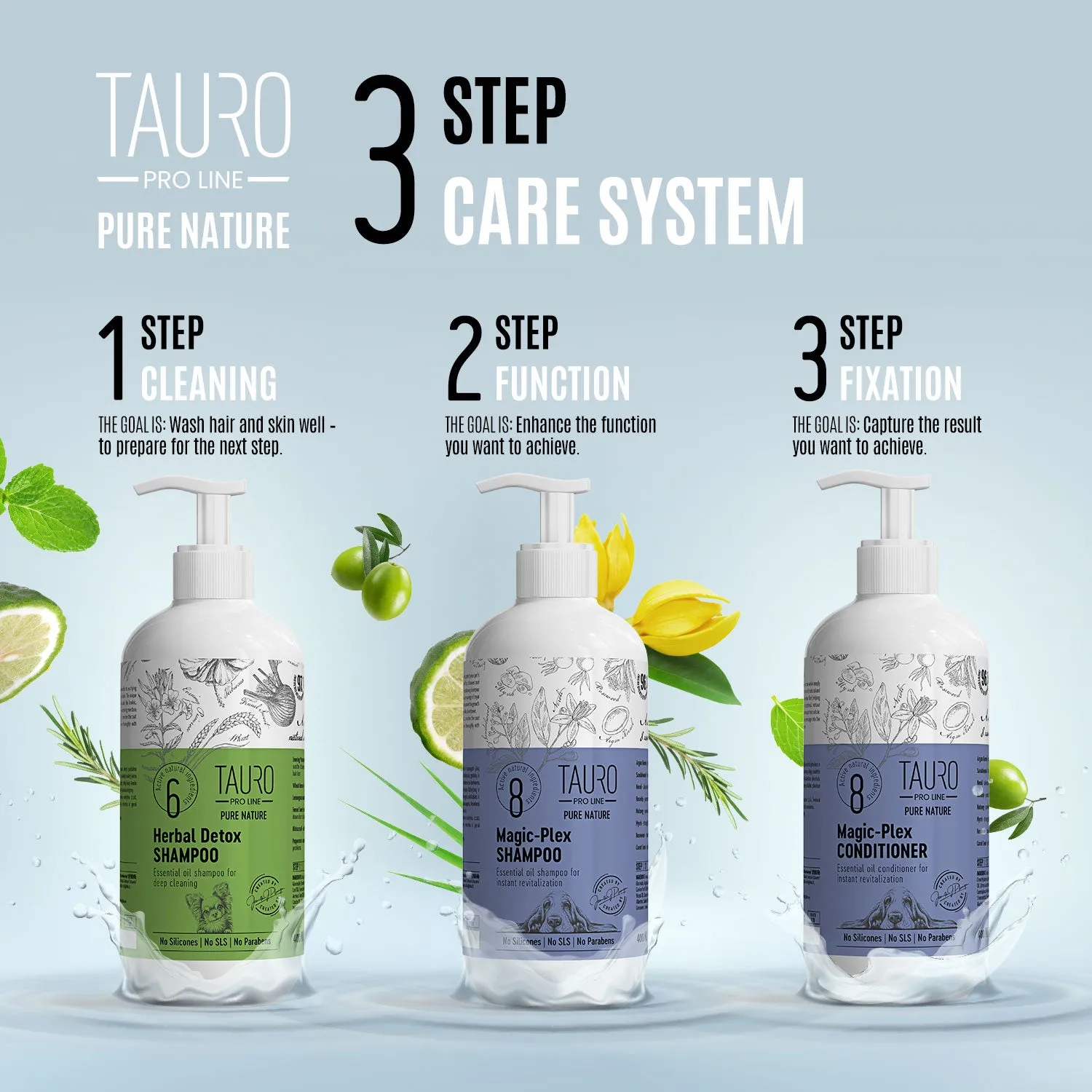 Tauro Pro Line Pure Nature Herbal Detox   Magic-Plex 3 Step Dog & Cat Shampoo And Conditioner Sample Set For Revitalization