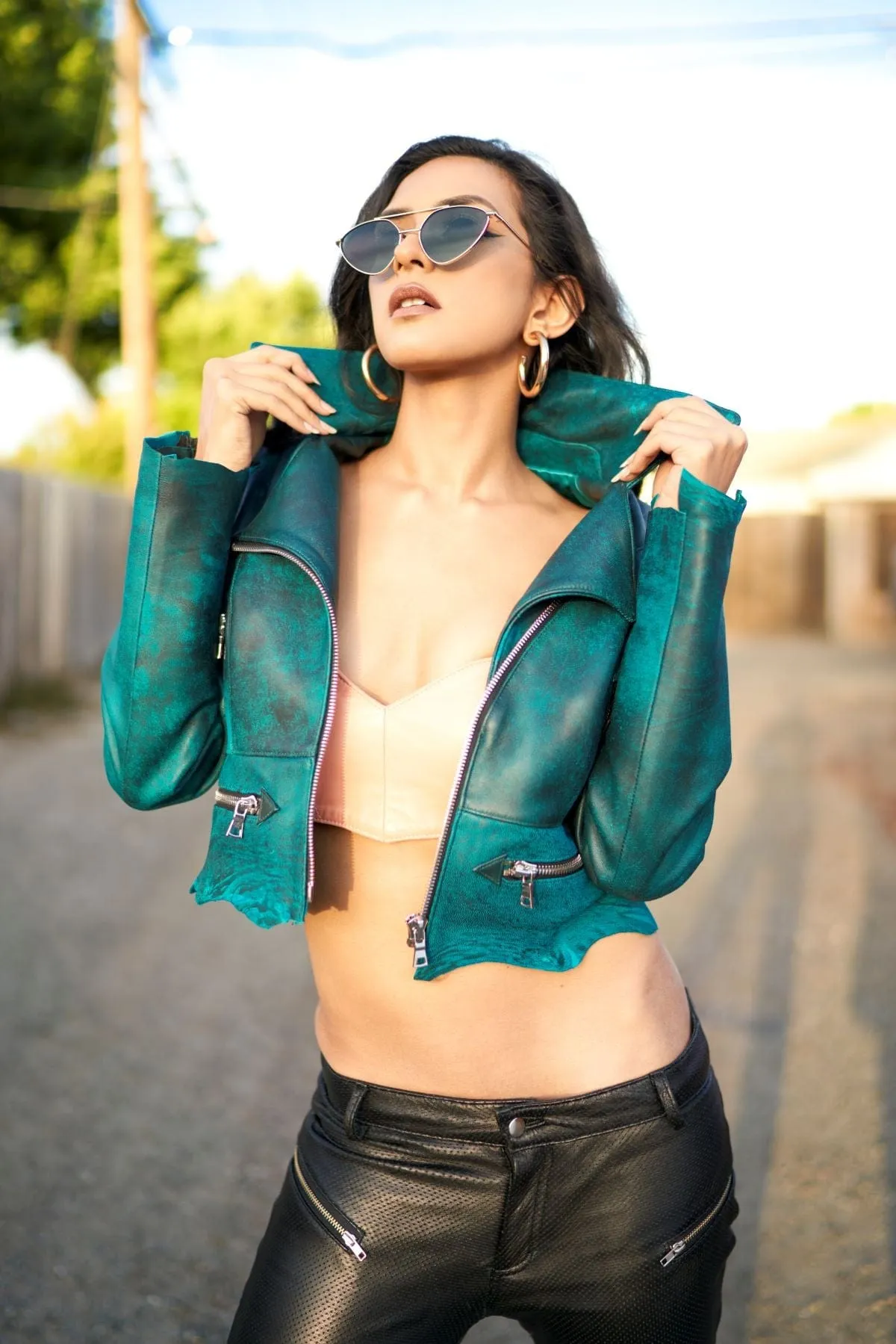 Teal Washed Cropped Motorcycle Jacket