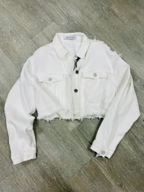 The Cropped Distressed Denim Trucker Jacket - White