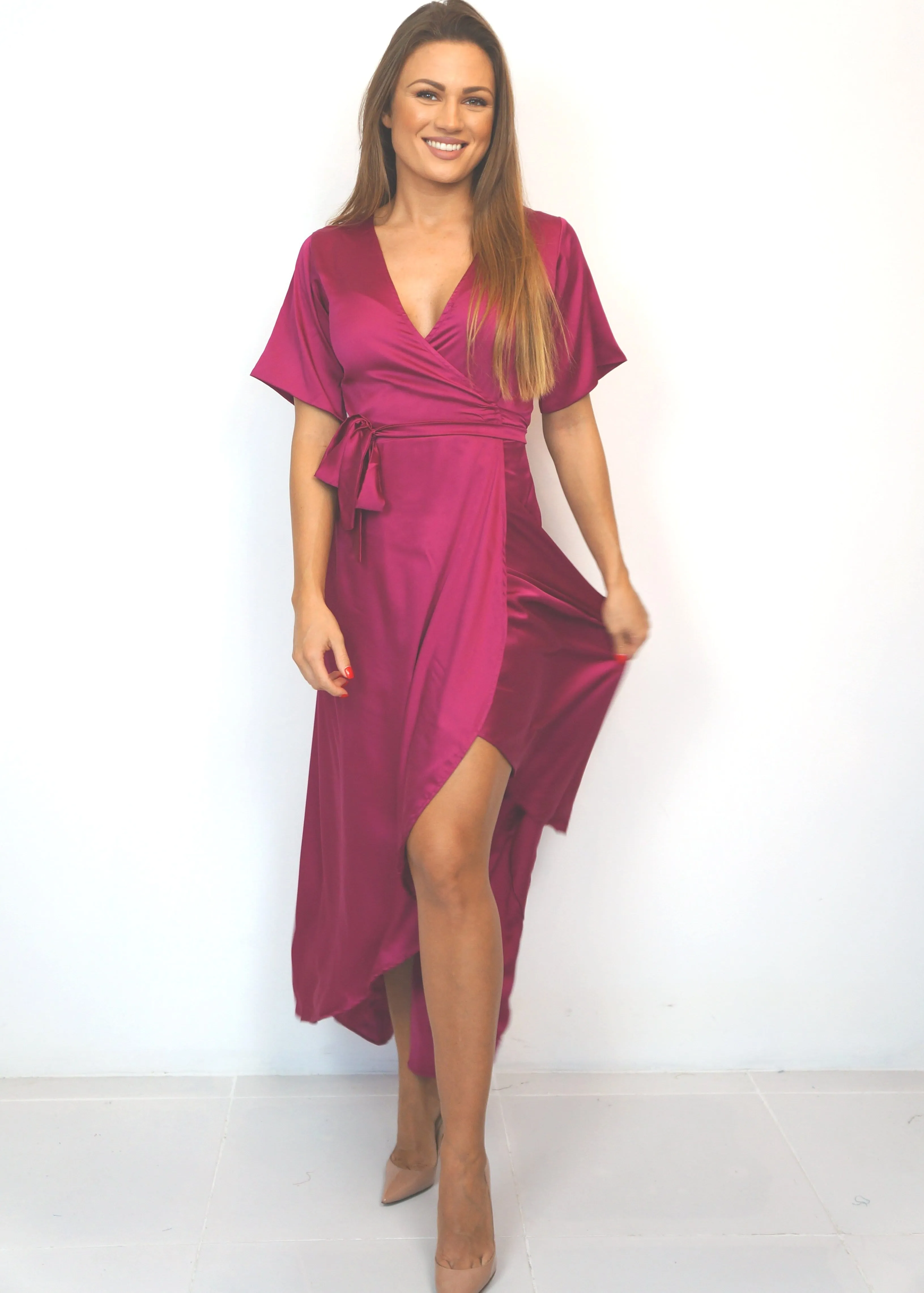 The Maxi Wrap Dress - Deep Pink Satin