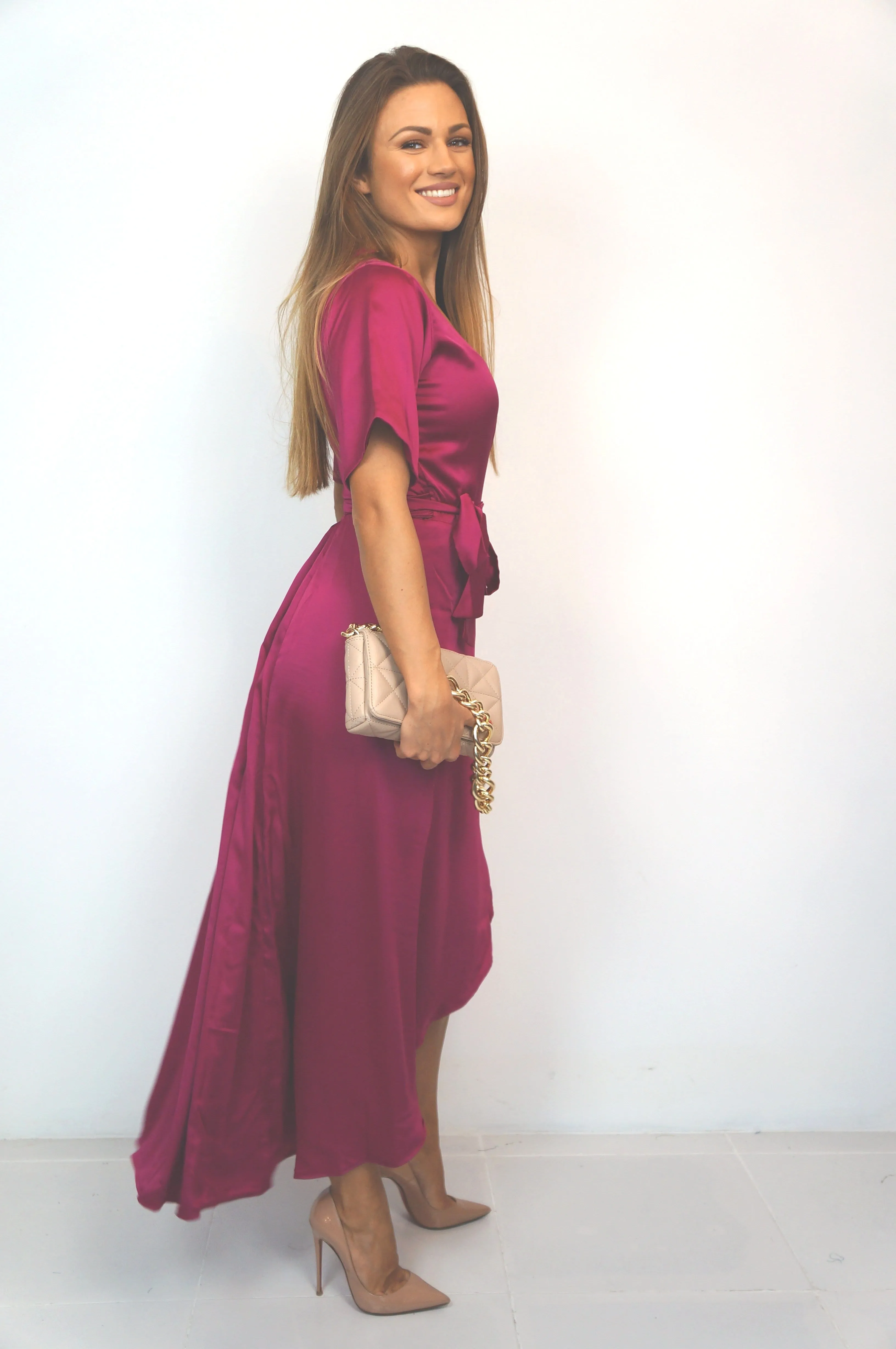 The Maxi Wrap Dress - Deep Pink Satin