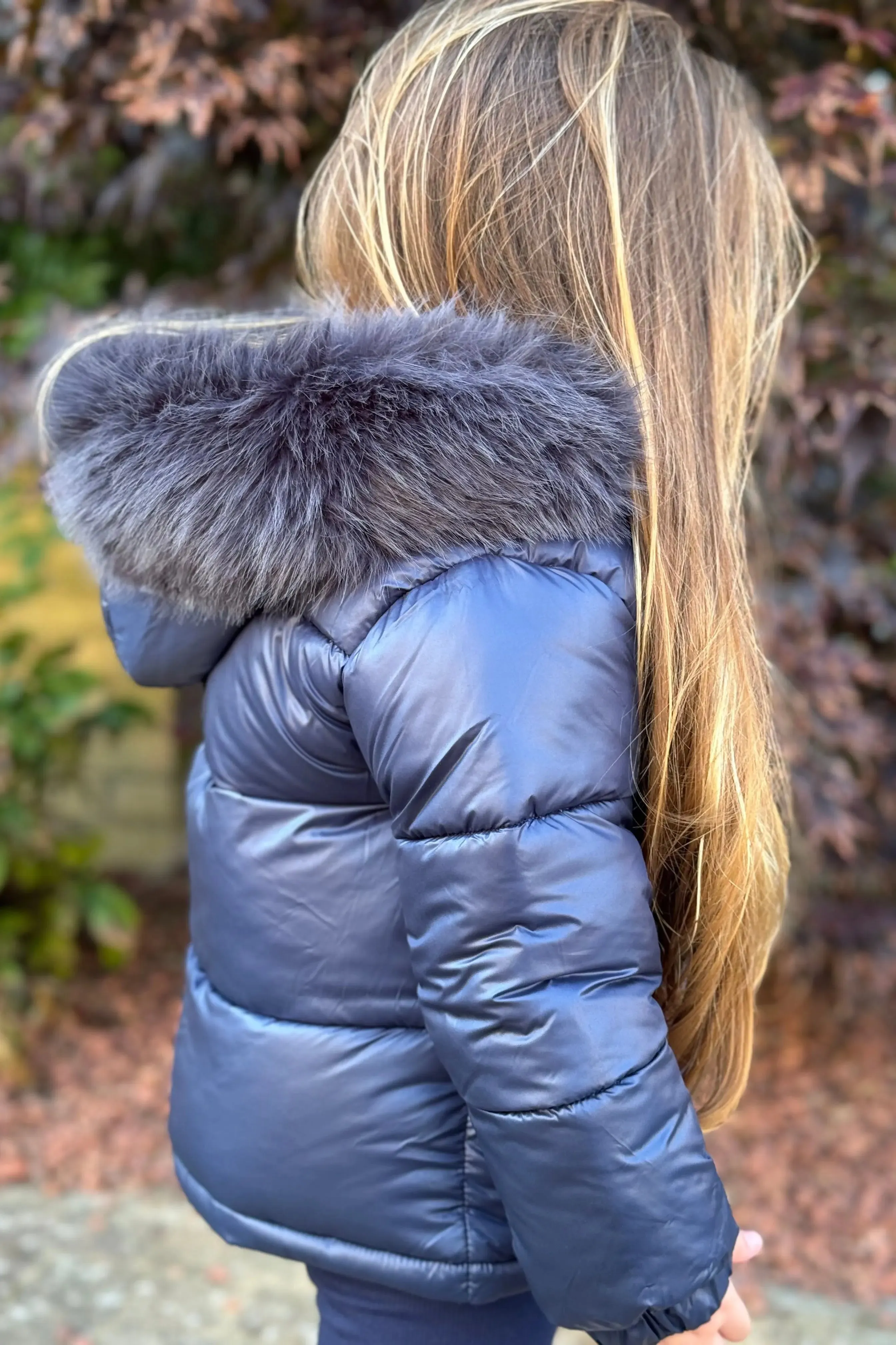 Unisex Navy Blue Fur Hood Coat -