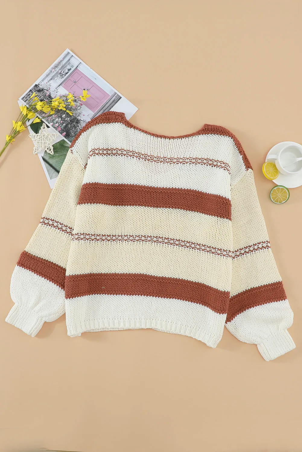 V-neck Knitted Lantern Sleeve Pullover Sweater