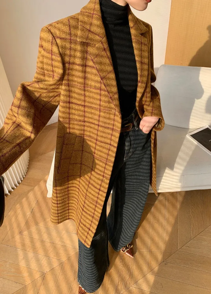 WANXO yellow plaid coat new high-end mid-length suit woolen coat- Kisa