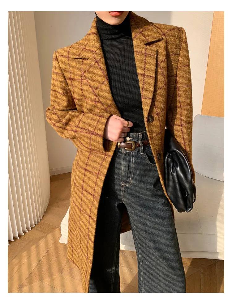 WANXO yellow plaid coat new high-end mid-length suit woolen coat- Kisa