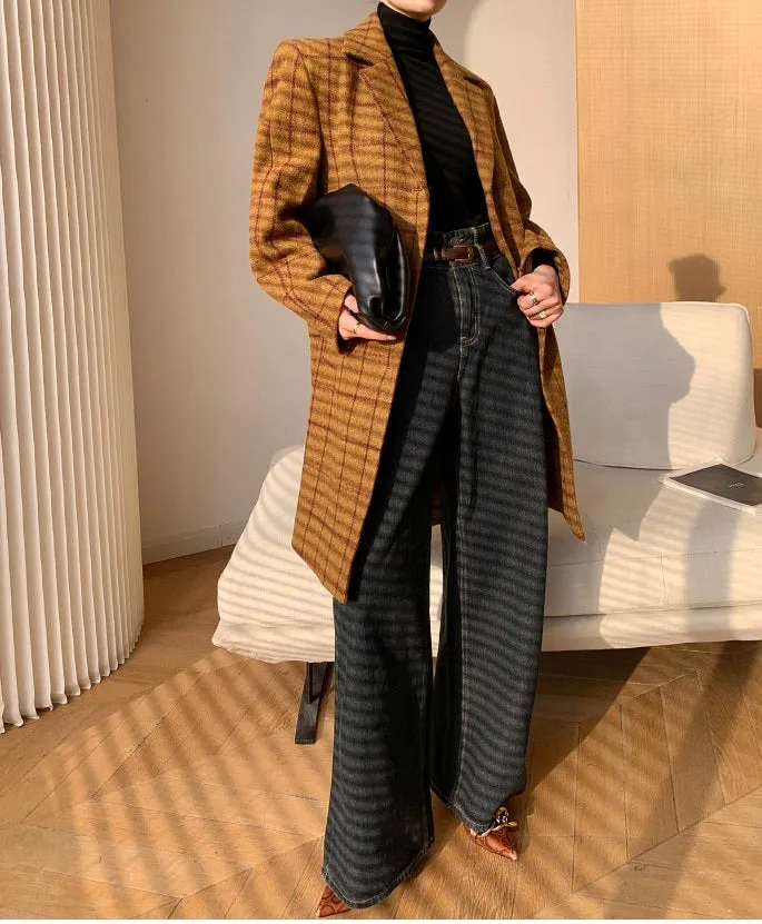 WANXO yellow plaid coat new high-end mid-length suit woolen coat- Kisa