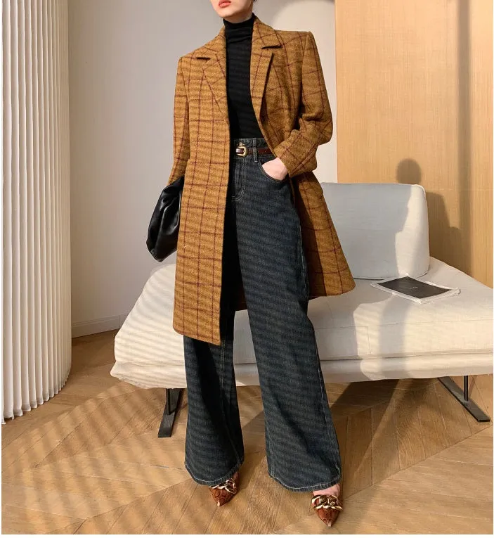 WANXO yellow plaid coat new high-end mid-length suit woolen coat- Kisa