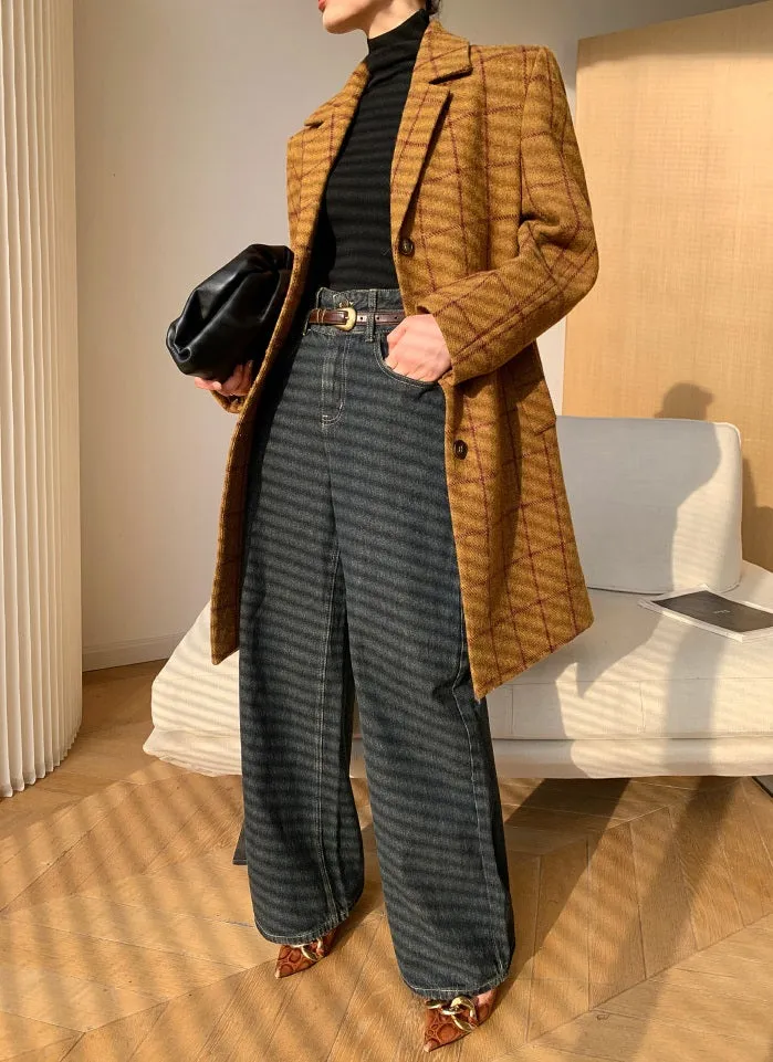 WANXO yellow plaid coat new high-end mid-length suit woolen coat- Kisa