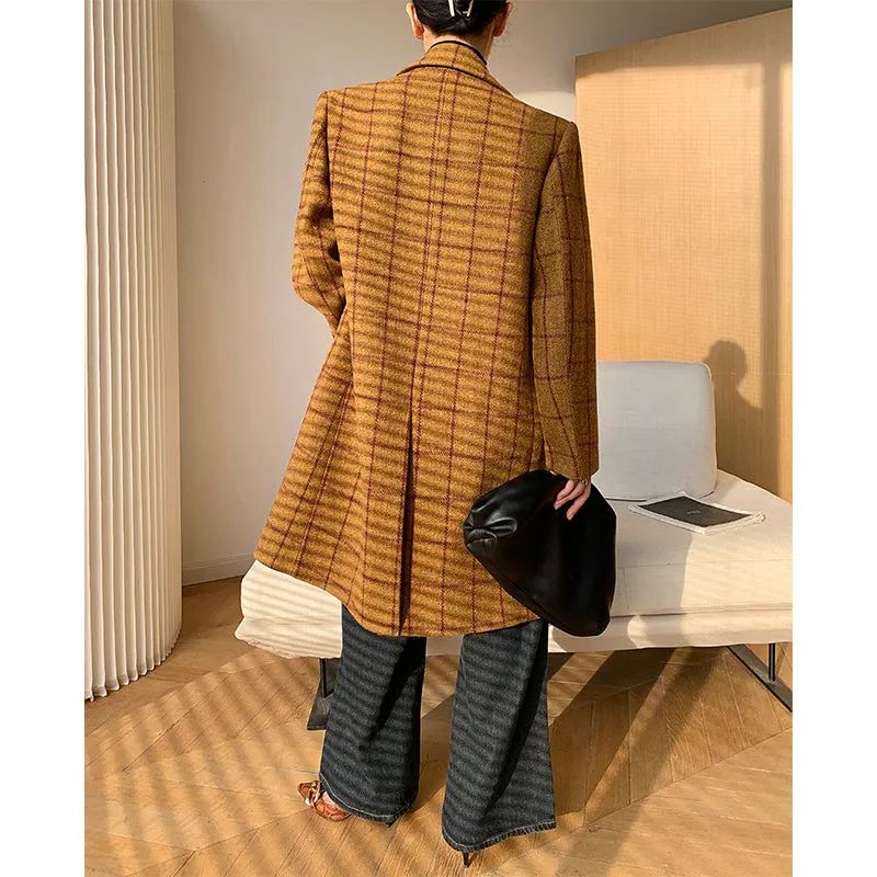 WANXO yellow plaid coat new high-end mid-length suit woolen coat- Kisa