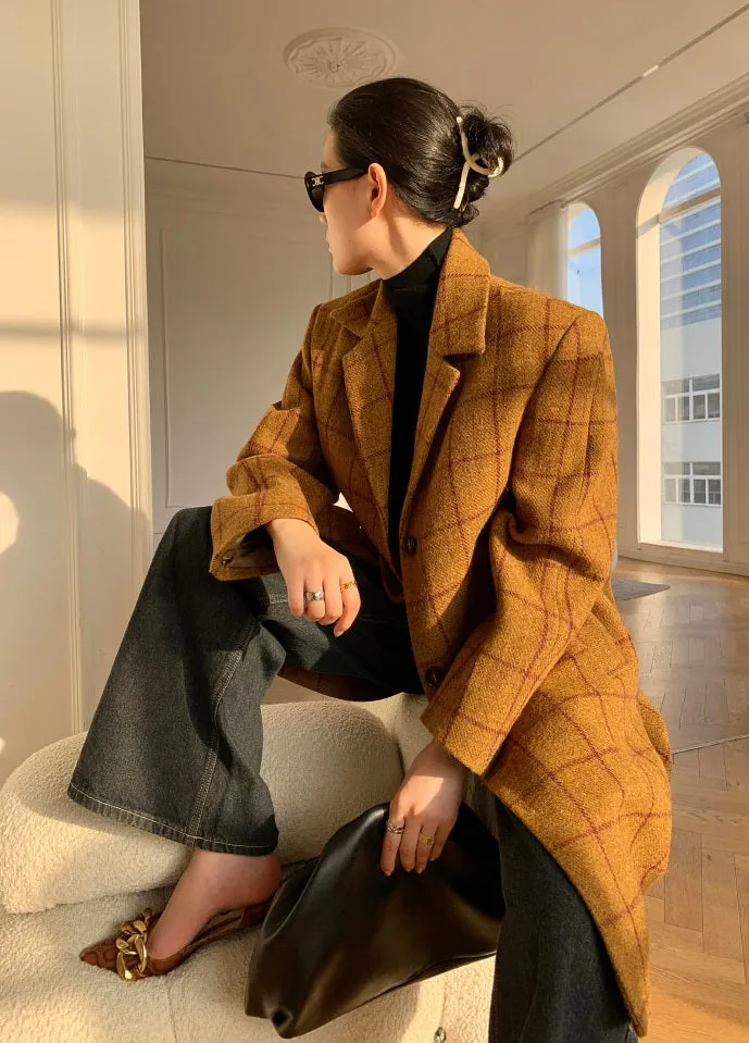 WANXO yellow plaid coat new high-end mid-length suit woolen coat- Kisa