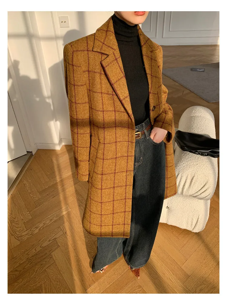 WANXO yellow plaid coat new high-end mid-length suit woolen coat- Kisa