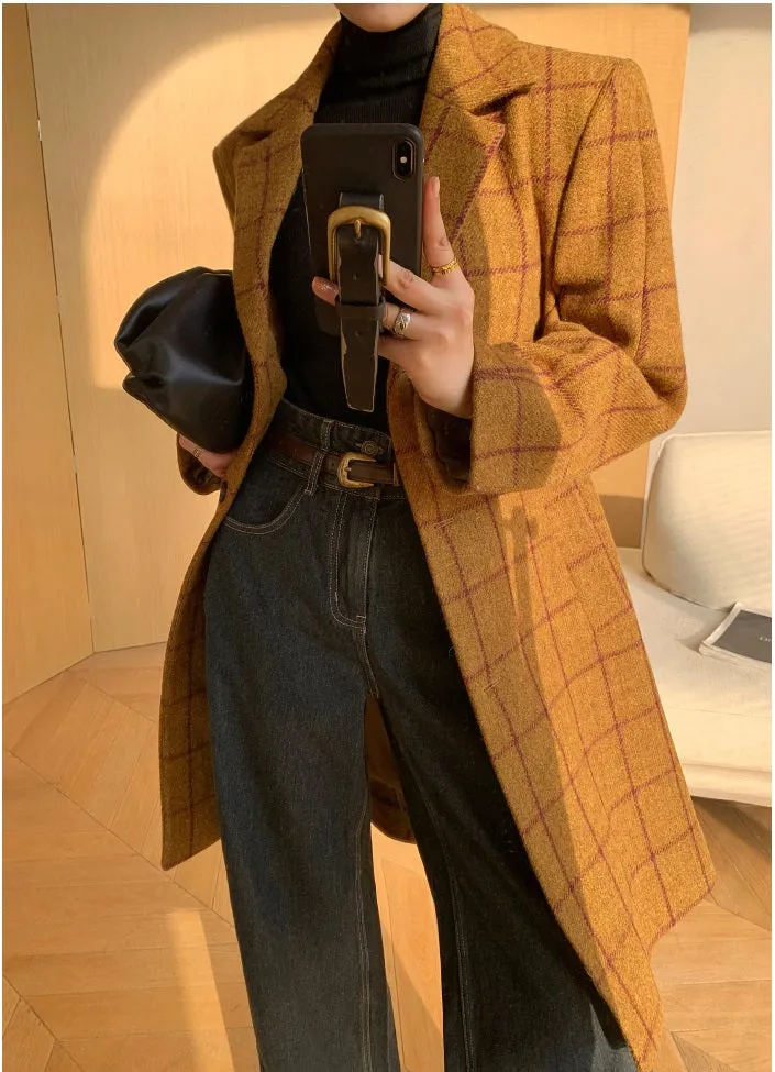 WANXO yellow plaid coat new high-end mid-length suit woolen coat- Kisa