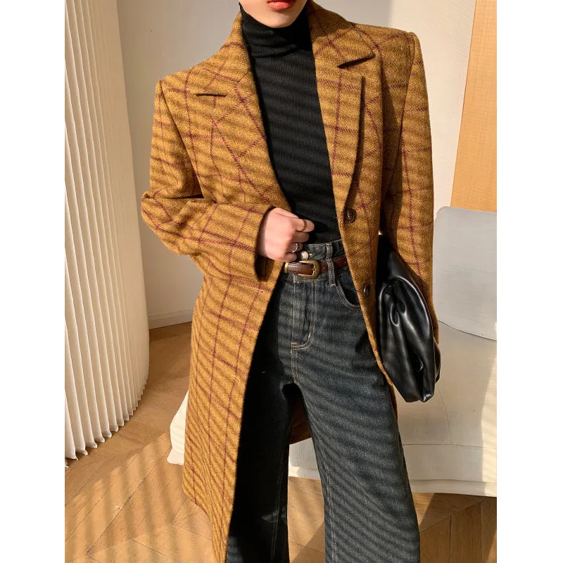 WANXO yellow plaid coat new high-end mid-length suit woolen coat- Kisa