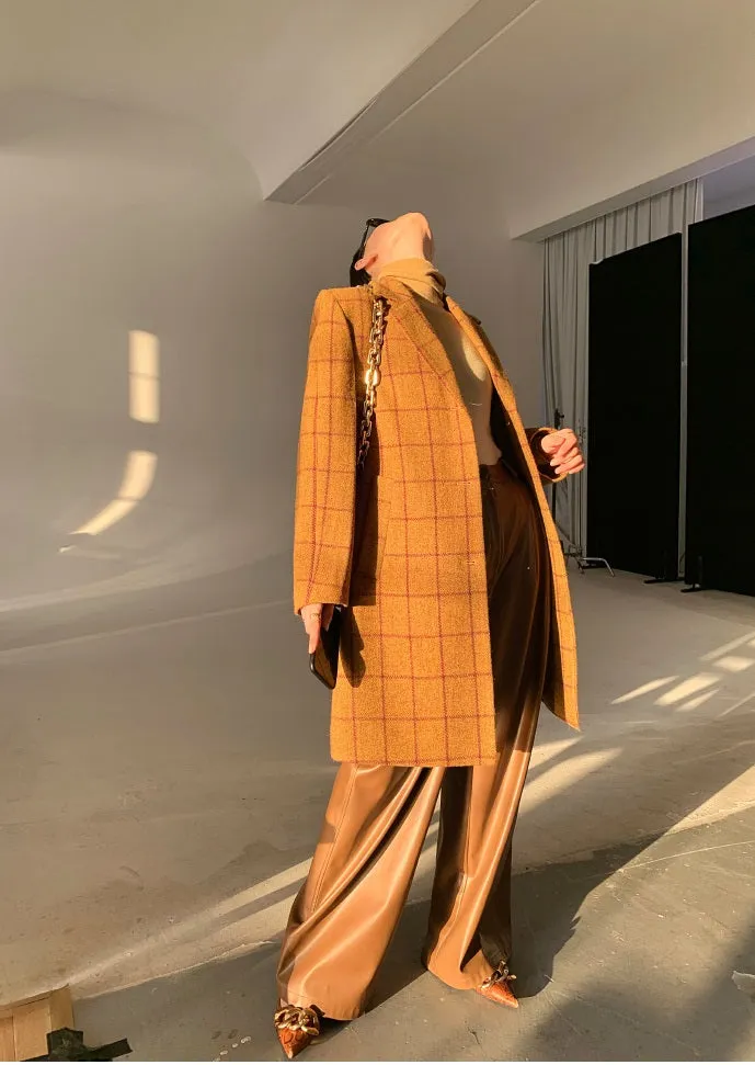 WANXO yellow plaid coat new high-end mid-length suit woolen coat- Kisa