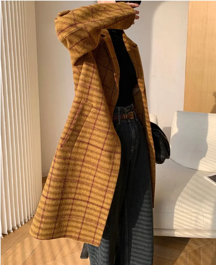 WANXO yellow plaid coat new high-end mid-length suit woolen coat- Kisa