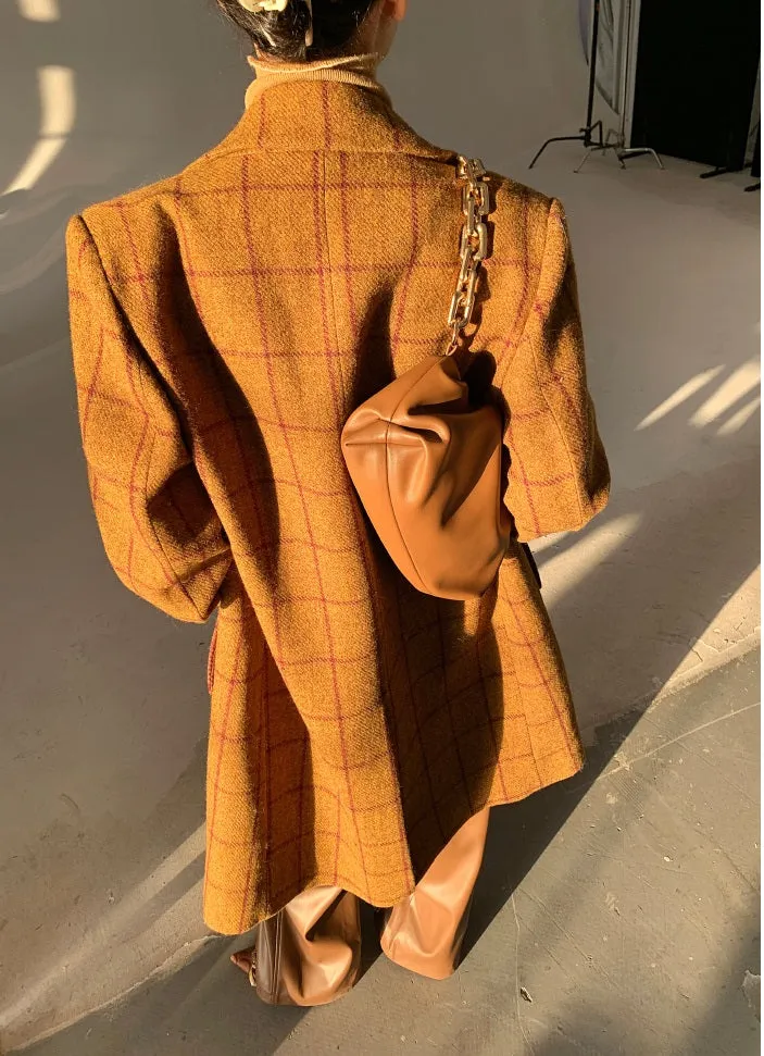 WANXO yellow plaid coat new high-end mid-length suit woolen coat- Kisa