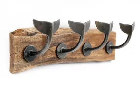 Whale Tail Wall Hooks on Natural Wooden Plinth in Silver or Brass