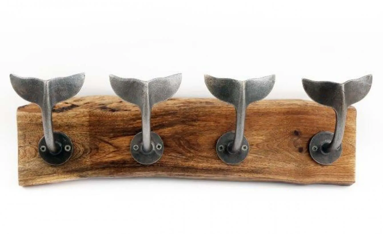 Whale Tail Wall Hooks on Natural Wooden Plinth in Silver or Brass