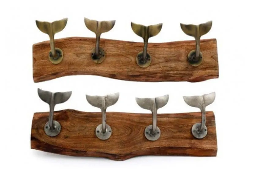 Whale Tail Wall Hooks on Natural Wooden Plinth in Silver or Brass