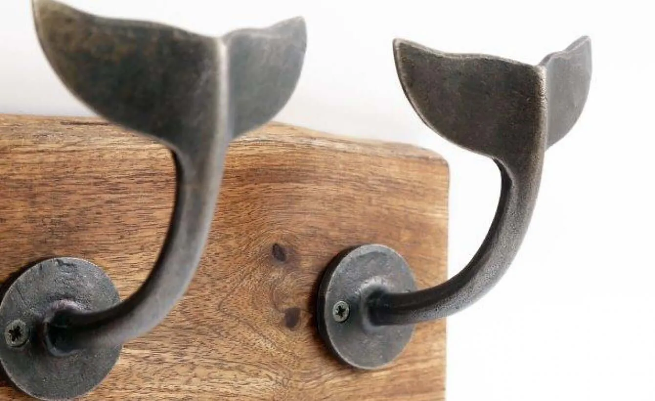 Whale Tail Wall Hooks on Natural Wooden Plinth in Silver or Brass